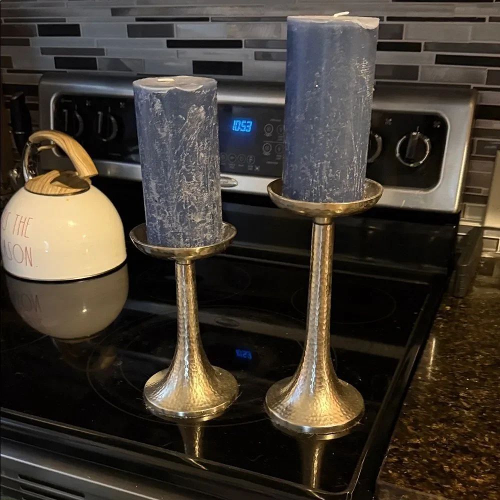 Set of (2) Silver Candle Holders with Blue Candles BRAND NEW Never Lit Candles
